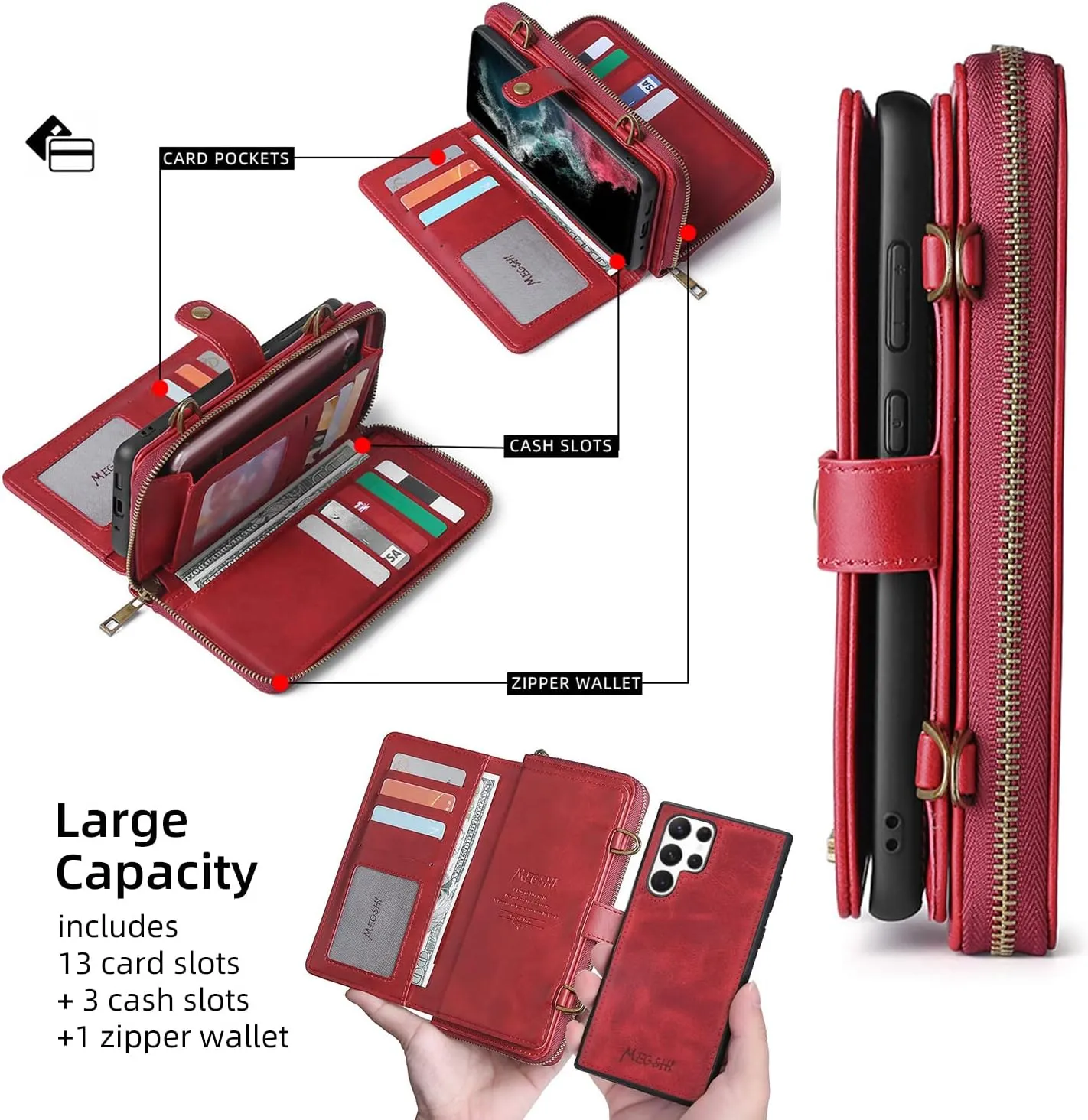 Misscase Galaxy S22 Ultra Wallet Case,Galaxy S22 Ultra Case with Card Holder,Case Wallet Magnetic Detachable 2 in 1 Leather Flip Wallet with 13 Card Slots,Kickstand,Zipper Wallet Red