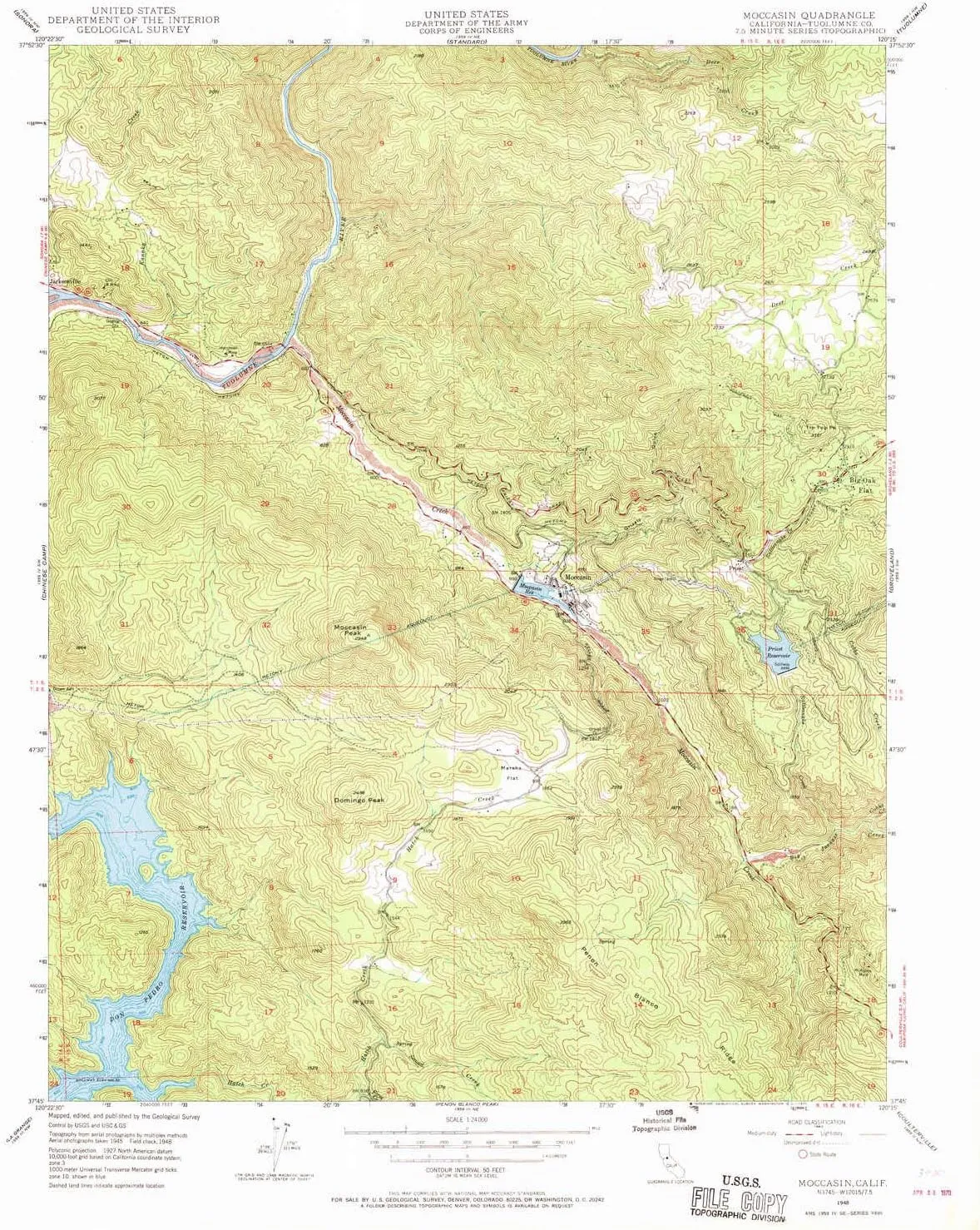 Moccasin CA topo map, 1:24000 Scale, 7.5 X 7.5 Minute, Historical, 1948, Updated 1970, 26.9 x 22 in