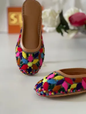 Modern Style Flat Mule with Beautiful Thread Hand Embroidery in Pure Leather