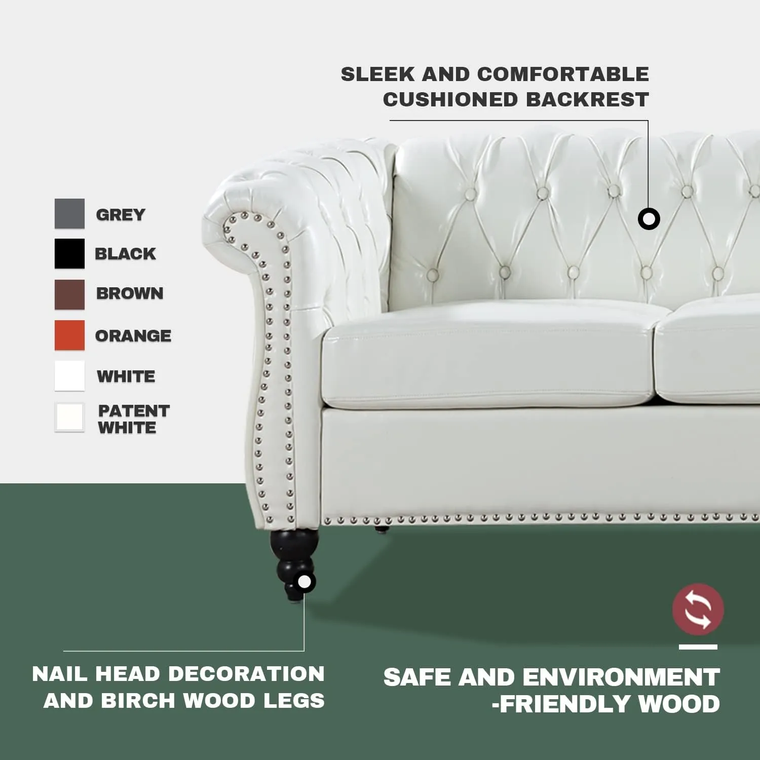 Modern White Chesterfield Couches for Living Room Comfy Deep Seated 3-Seater Faux Leather Sofa, Bedroom Office Apartment Clasic Tufted Sofa Tool-Free