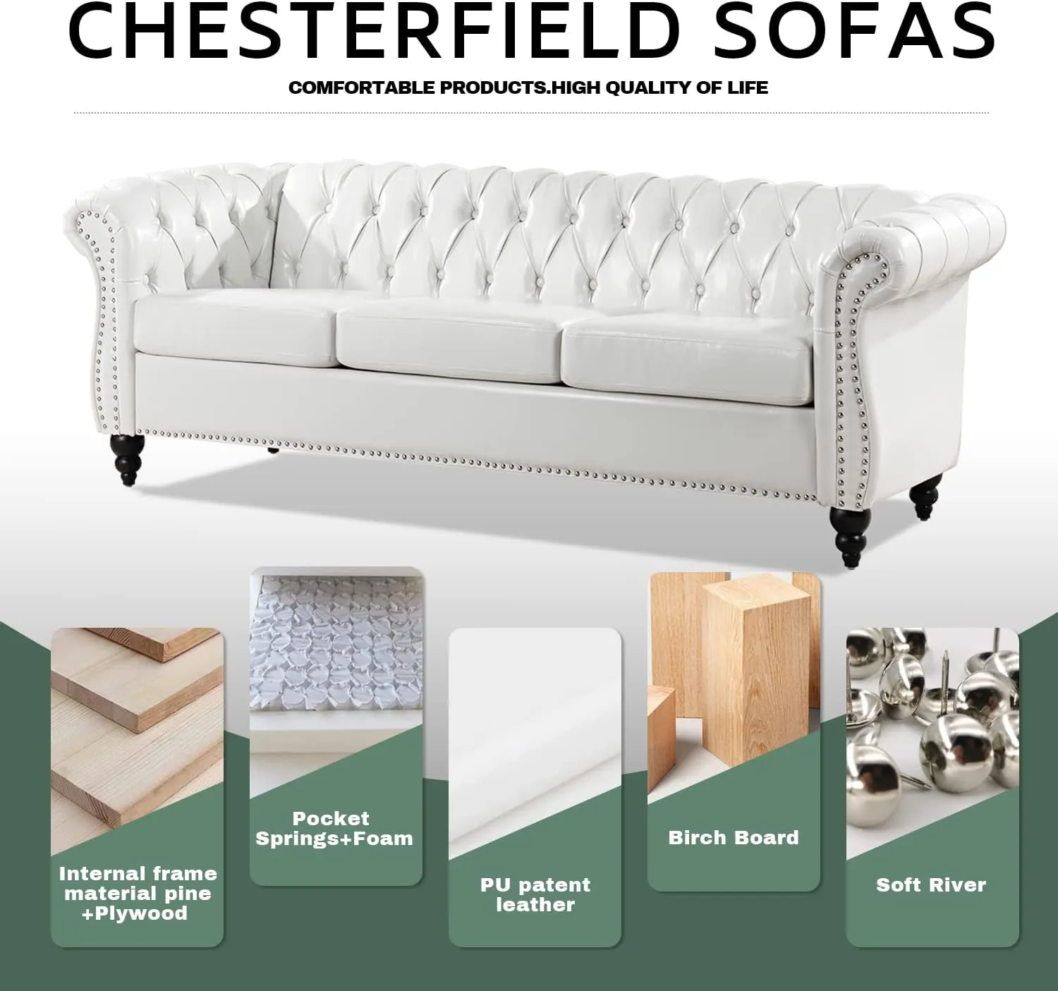 Modern White Chesterfield Couches for Living Room Comfy Deep Seated 3-Seater Faux Leather Sofa, Bedroom Office Apartment Clasic Tufted Sofa Tool-Free