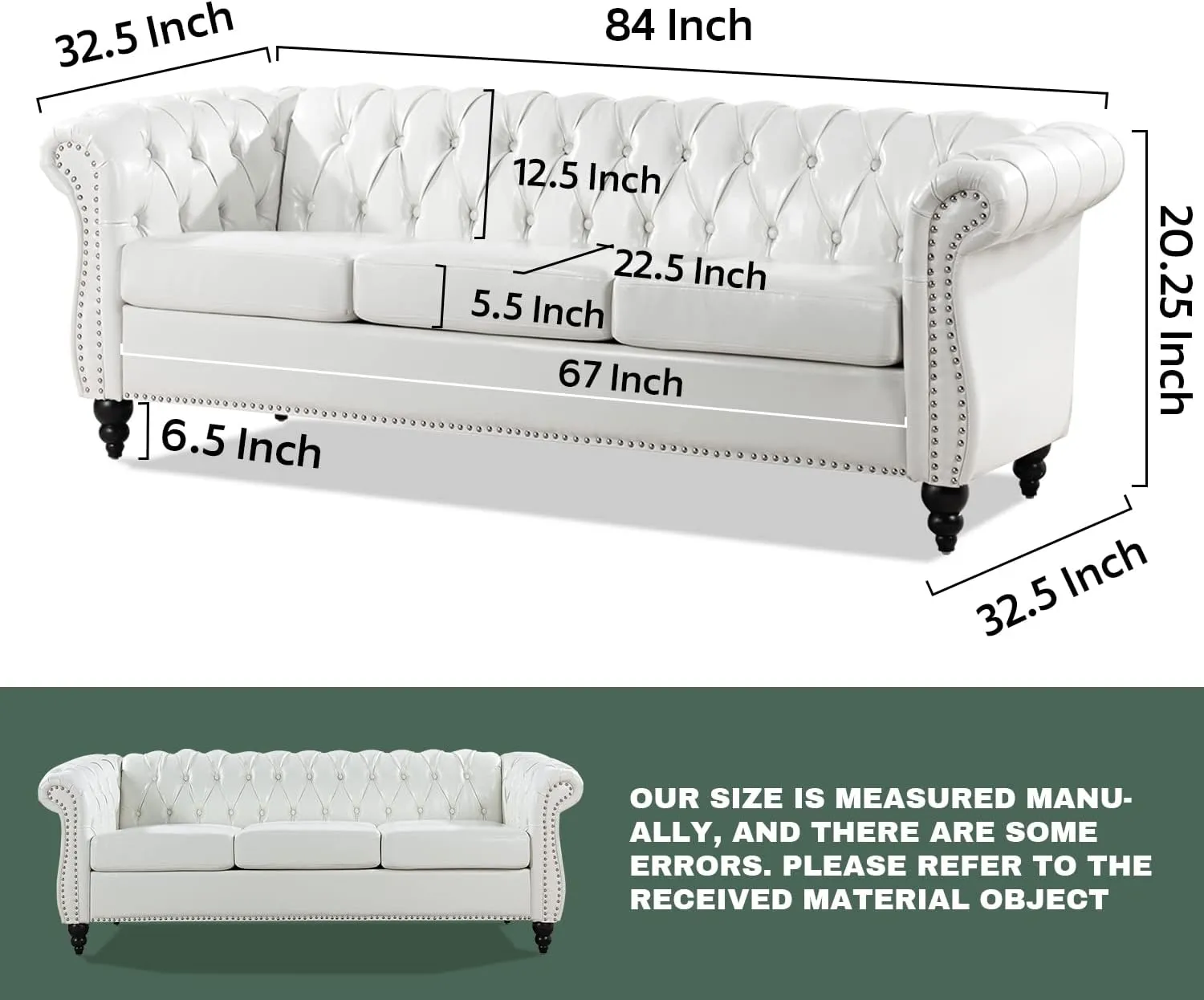 Modern White Chesterfield Couches for Living Room Comfy Deep Seated 3-Seater Faux Leather Sofa, Bedroom Office Apartment Clasic Tufted Sofa Tool-Free
