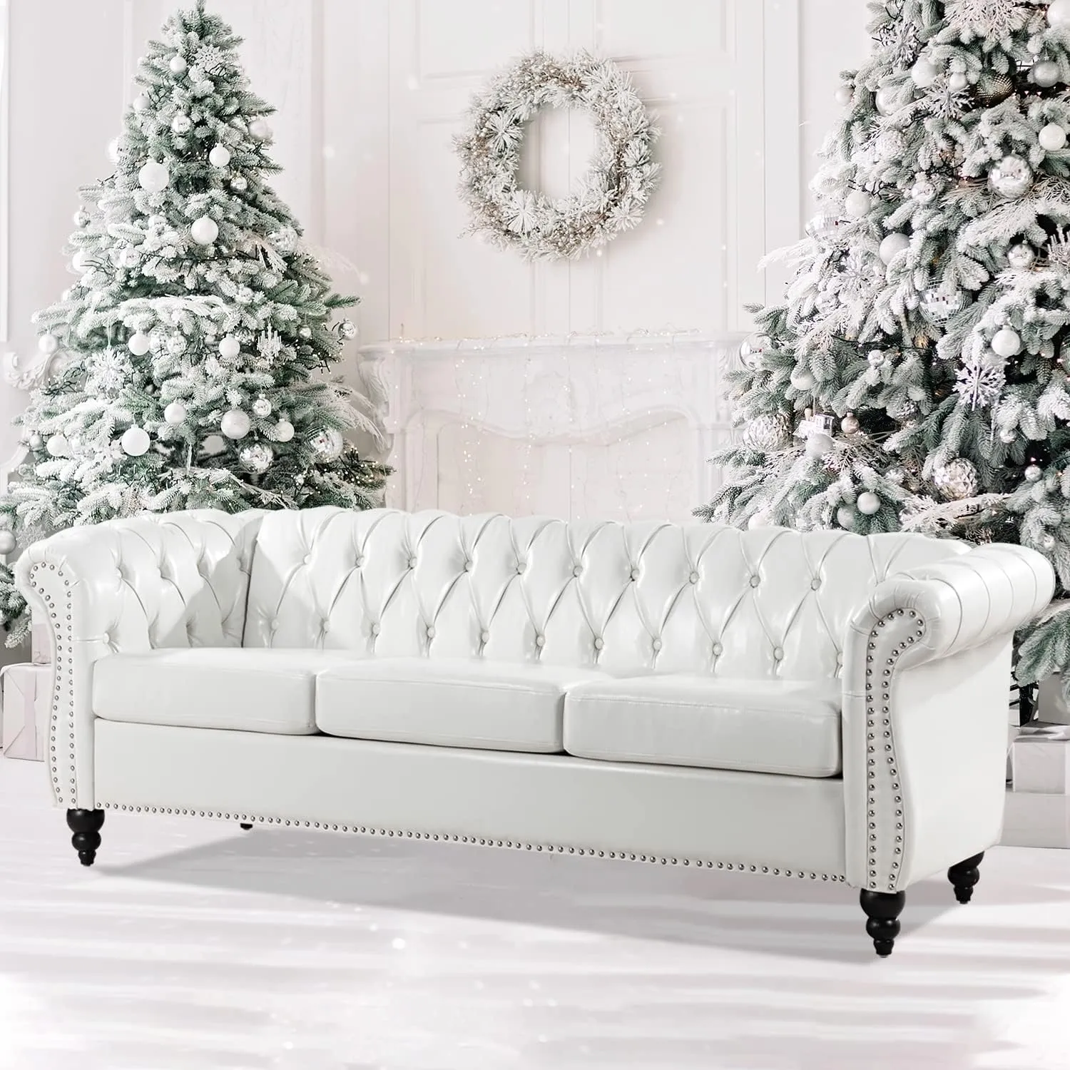 Modern White Chesterfield Couches for Living Room Comfy Deep Seated 3-Seater Faux Leather Sofa, Bedroom Office Apartment Clasic Tufted Sofa Tool-Free