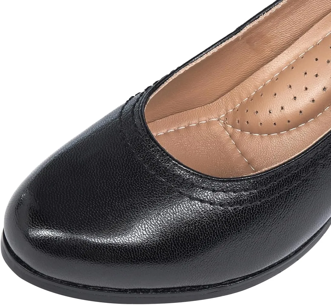 Mona flying Women's Leather Closed Round Toe 3 inch Chunky High Heel Pumps Formal Court Shoes Office Work Dress Shoes for Ladies