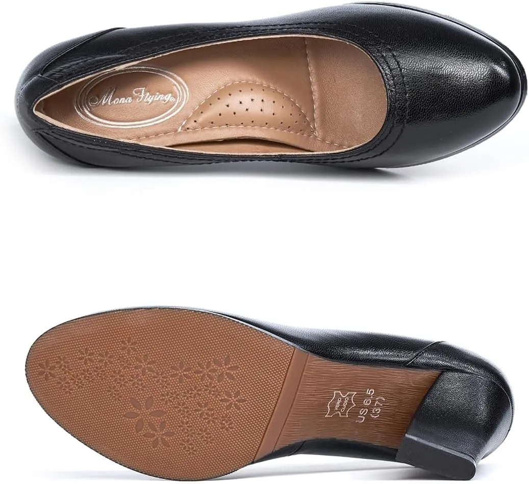 Mona flying Women's Leather Closed Round Toe 3 inch Chunky High Heel Pumps Formal Court Shoes Office Work Dress Shoes for Ladies