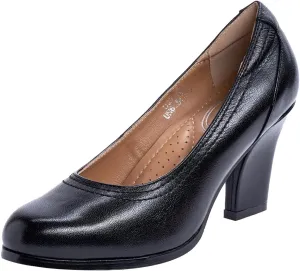 Mona flying Women's Leather Closed Round Toe 3 inch Chunky High Heel Pumps Formal Court Shoes Office Work Dress Shoes for Ladies
