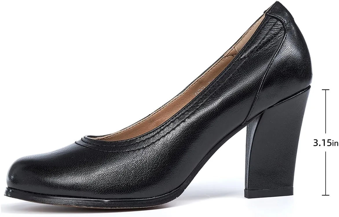 Mona flying Women's Leather Closed Round Toe 3 inch Chunky High Heel Pumps Formal Court Shoes Office Work Dress Shoes for Ladies