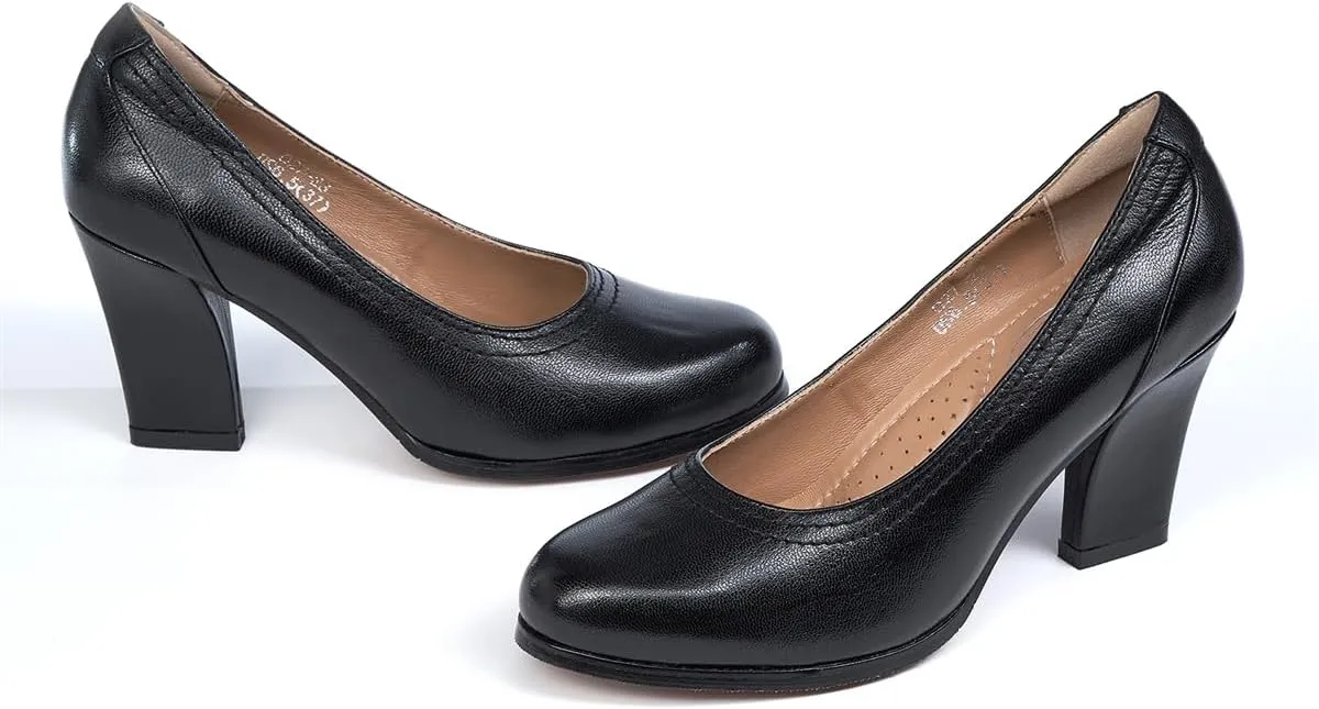 Mona flying Women's Leather Closed Round Toe 3 inch Chunky High Heel Pumps Formal Court Shoes Office Work Dress Shoes for Ladies
