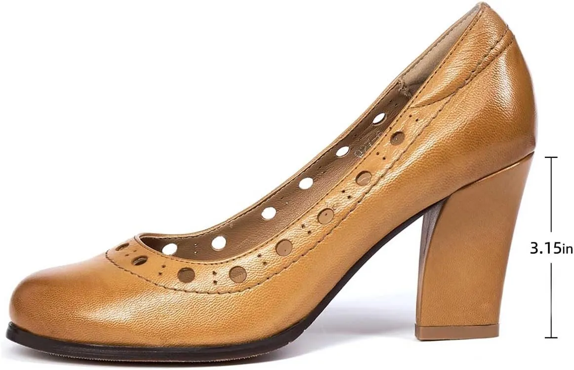 Mona flying Women's Leather Closed Round Toe 3 inch Chunky High Heel Pumps Office Work Dress Shoes for Ladies