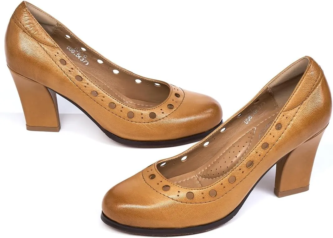 Mona flying Women's Leather Closed Round Toe 3 inch Chunky High Heel Pumps Office Work Dress Shoes for Ladies