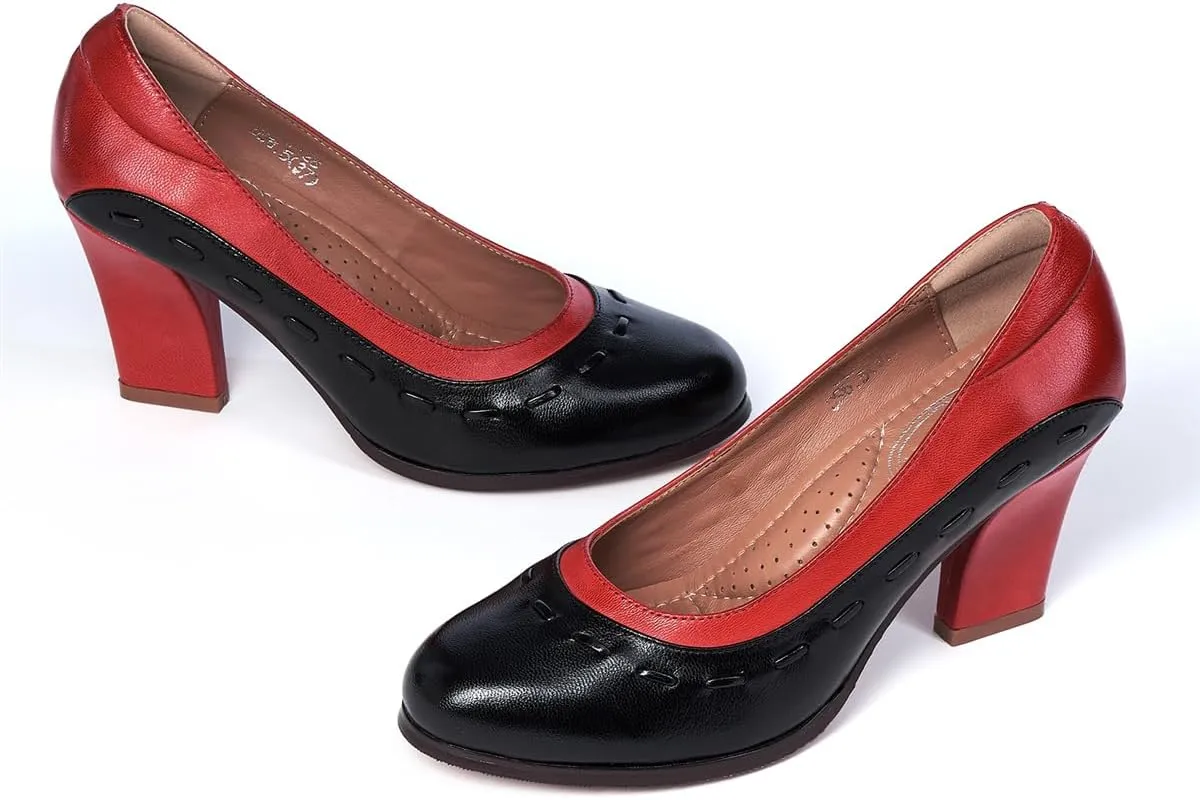 Mona flying Women's Leather Closed Round Toe 3 inch Chunky High Heel Pumps Office Work Dress Shoes for Ladies