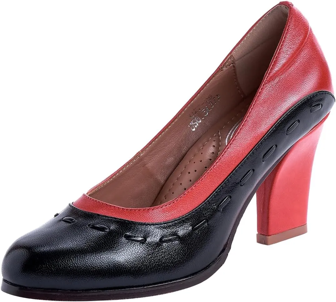 Mona flying Women's Leather Closed Round Toe 3 inch Chunky High Heel Pumps Office Work Dress Shoes for Ladies