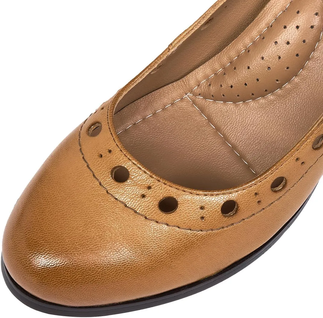 Mona flying Women's Leather Closed Round Toe 3 inch Chunky High Heel Pumps Office Work Dress Shoes for Ladies