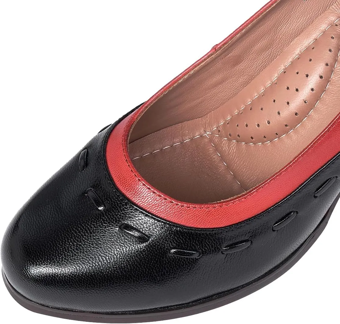 Mona flying Women's Leather Closed Round Toe 3 inch Chunky High Heel Pumps Office Work Dress Shoes for Ladies