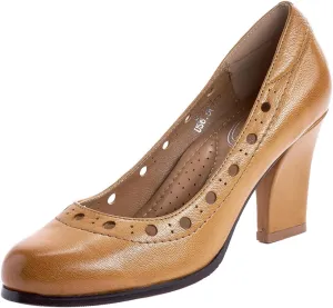 Mona flying Women's Leather Closed Round Toe 3 inch Chunky High Heel Pumps Office Work Dress Shoes for Ladies