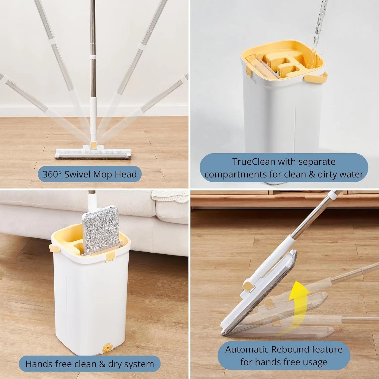 Mop and Bucket Set with Pump System for Home, Hands Free Self Cleaning with 3 Compartments to Separate Clean from Dirty Water, with 2 Machine Washable Microfiber Mop Pads, Patent Pending, in Gift Box
