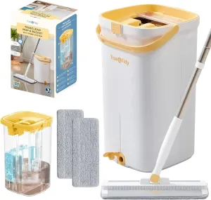 Mop and Bucket Set with Pump System for Home, Hands Free Self Cleaning with 3 Compartments to Separate Clean from Dirty Water, with 2 Machine Washable Microfiber Mop Pads, Patent Pending, in Gift Box