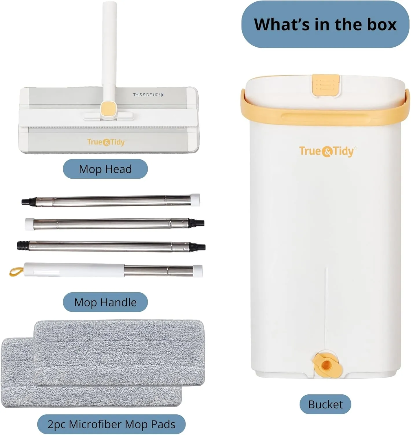 Mop and Bucket Set with Pump System for Home, Hands Free Self Cleaning with 3 Compartments to Separate Clean from Dirty Water, with 2 Machine Washable Microfiber Mop Pads, Patent Pending, in Gift Box