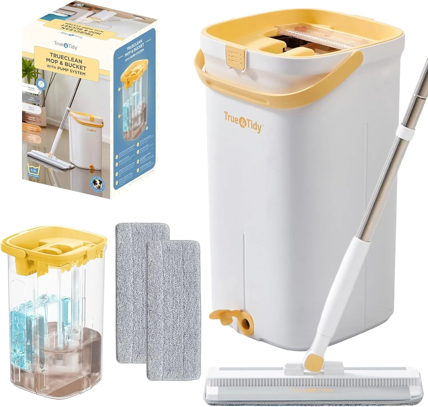 Mop and Bucket Set with Pump System for Home, Hands Free Self Cleaning with 3 Compartments to Separate Clean from Dirty Water, with 2 Machine Washable Microfiber Mop Pads, Patent Pending, in Gift Box