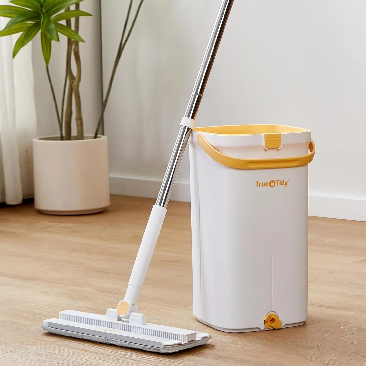 Mop and Bucket Set with Pump System for Home, Hands Free Self Cleaning with 3 Compartments to Separate Clean from Dirty Water, with 2 Machine Washable Microfiber Mop Pads, Patent Pending, in Gift Box