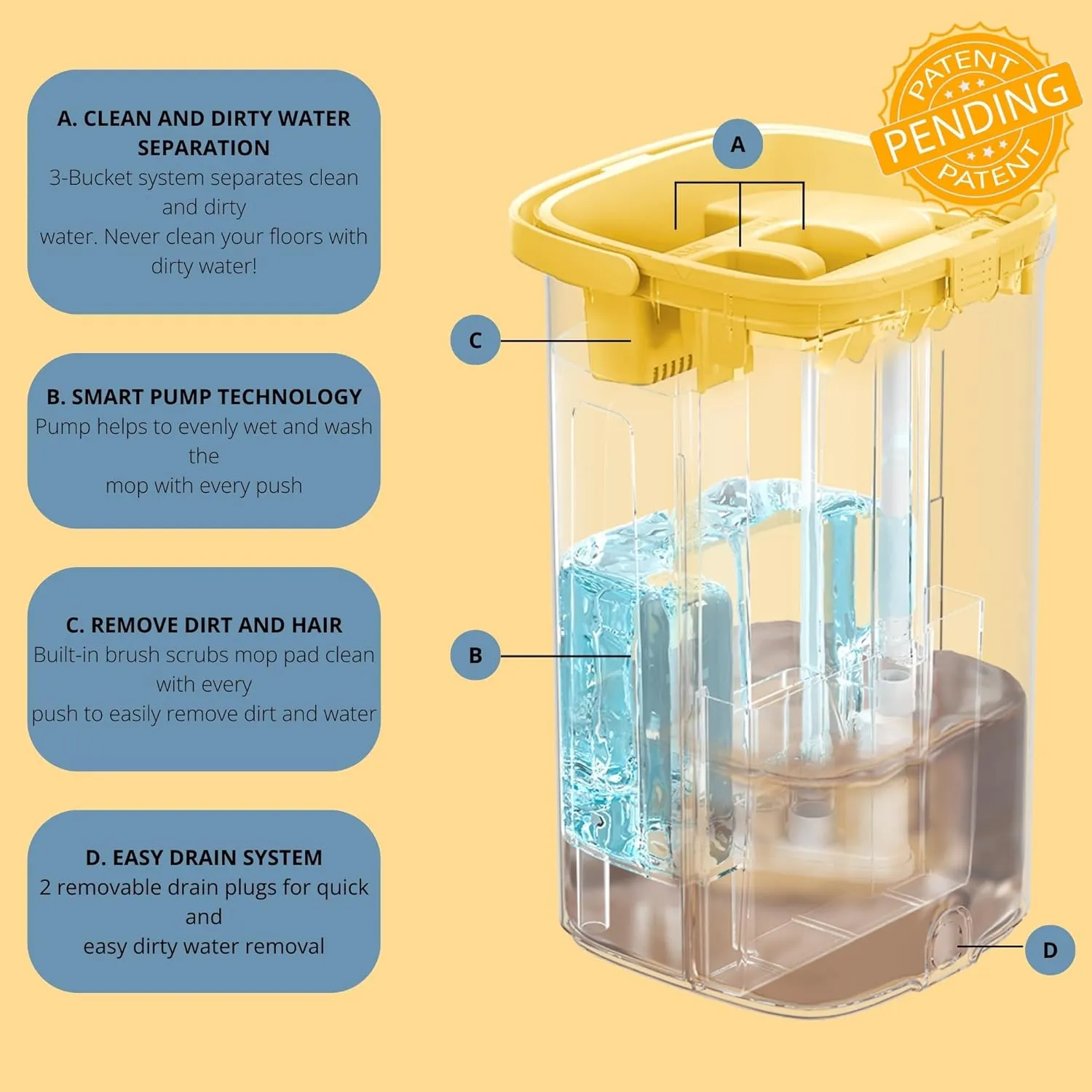 Mop and Bucket Set with Pump System for Home, Hands Free Self Cleaning with 3 Compartments to Separate Clean from Dirty Water, with 2 Machine Washable Microfiber Mop Pads, Patent Pending, in Gift Box
