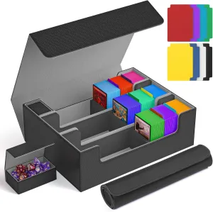 Mtg Deck Boxs Set, PU Leather Trading Card Storage Box, Hold Up to 3000 Cards, Card Deck Box with Game Mat and 8 Divider Tabs, Commander Deck Case for TCG, CCG, YuGiOh and Sport Card (Black & Grey)
