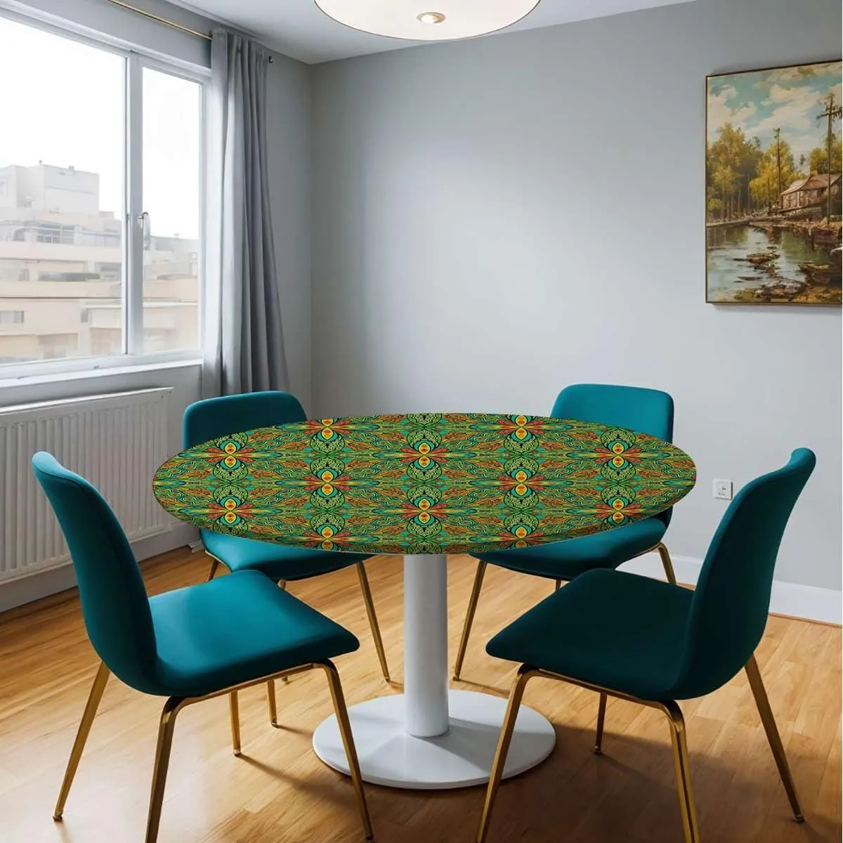 Multicolor Round Fitted Tablecloth with Elastic Edge Abstract Unusual Figure with Retro Washable Spill Proof Table Covers Psychedelic Fit for 44"-47" Table