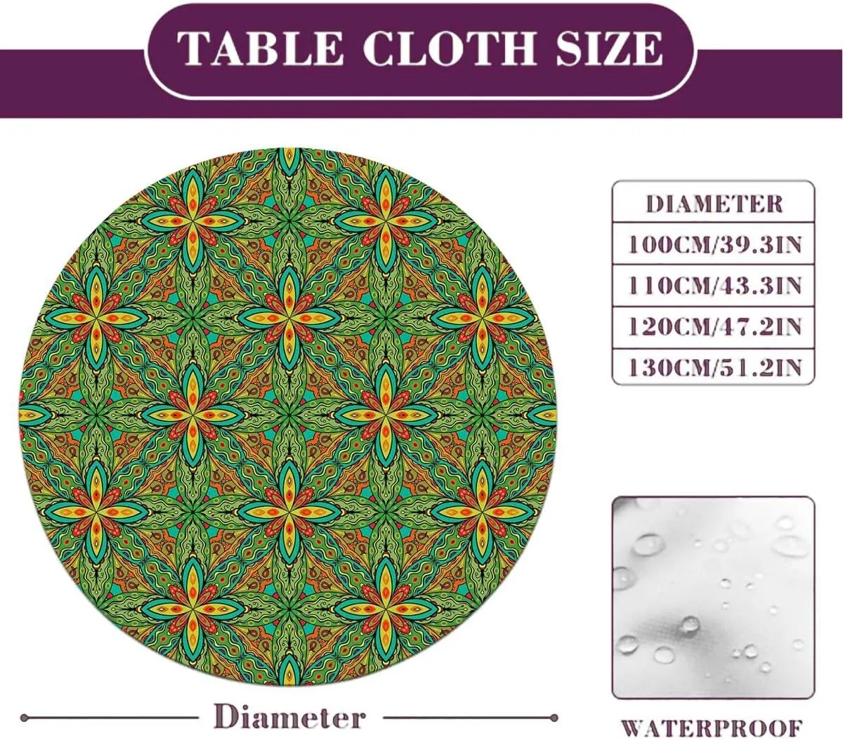 Multicolor Round Fitted Tablecloth with Elastic Edge Abstract Unusual Figure with Retro Washable Spill Proof Table Covers Psychedelic Fit for 44"-47" Table
