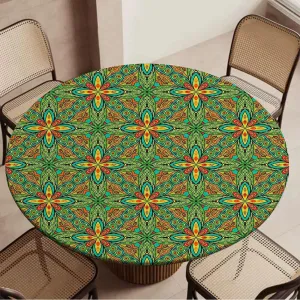 Multicolor Round Fitted Tablecloth with Elastic Edge Abstract Unusual Figure with Retro Washable Spill Proof Table Covers Psychedelic Fit for 44"-47" Table