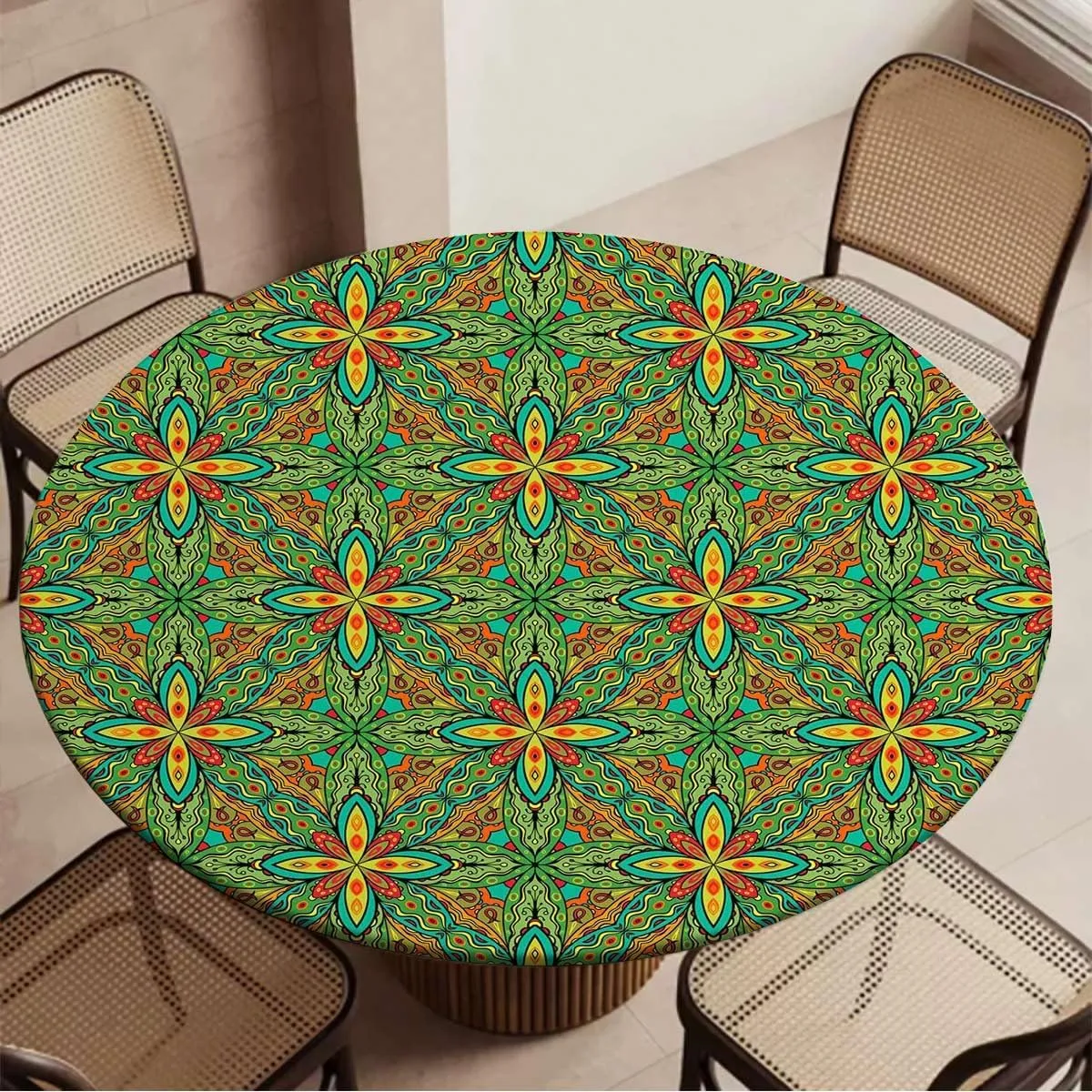Multicolor Round Fitted Tablecloth with Elastic Edge Abstract Unusual Figure with Retro Washable Spill Proof Table Covers Psychedelic Fit for 44"-47" Table