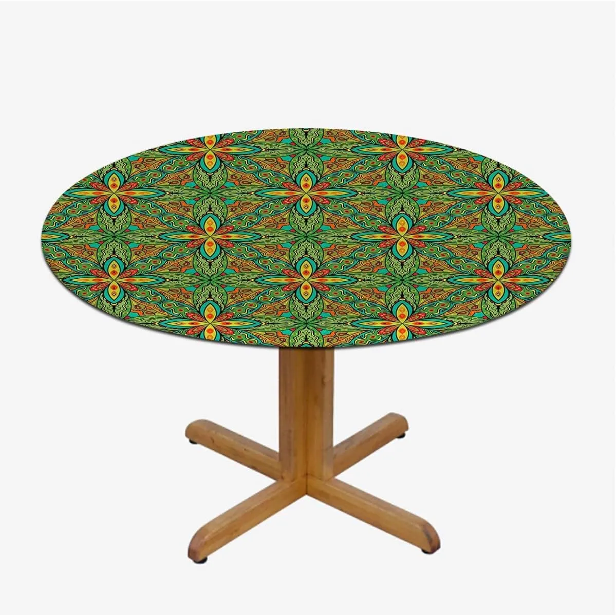 Multicolor Round Fitted Tablecloth with Elastic Edge Abstract Unusual Figure with Retro Washable Spill Proof Table Covers Psychedelic Fit for 44"-47" Table