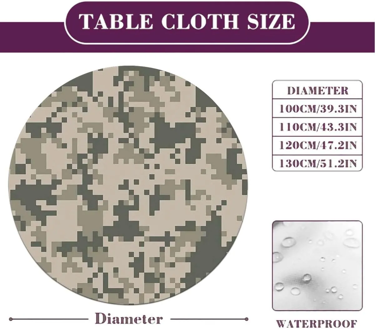 Multicolor Round Tablecloth Camo Digital Pixel Effect Tablecloth Elastic Edged Round Waterproof Table Cloth Fit for 48"-51" Diameter Table Camo Abstract Texture