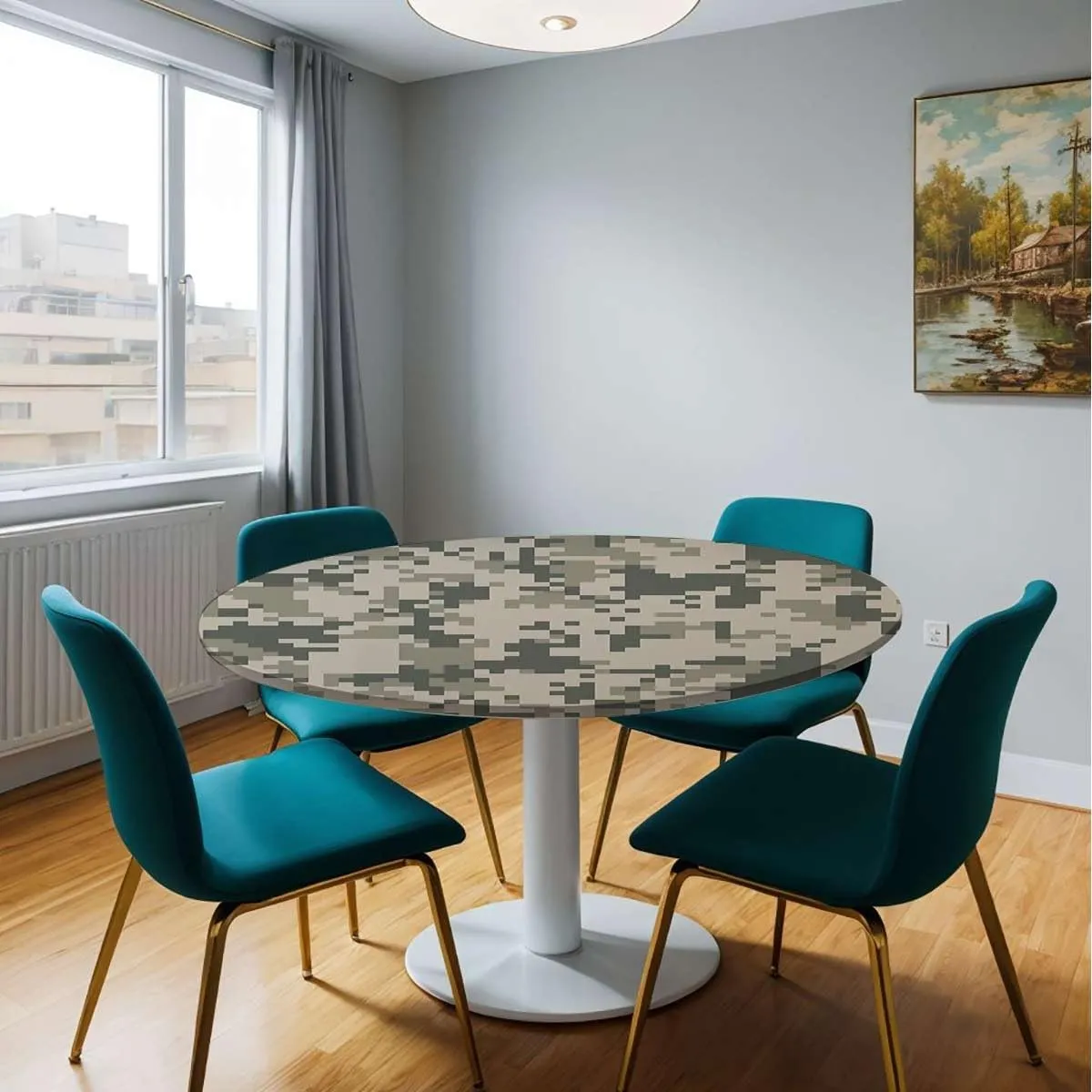 Multicolor Round Tablecloth Camo Digital Pixel Effect Tablecloth Elastic Edged Round Waterproof Table Cloth Fit for 48"-51" Diameter Table Camo Abstract Texture