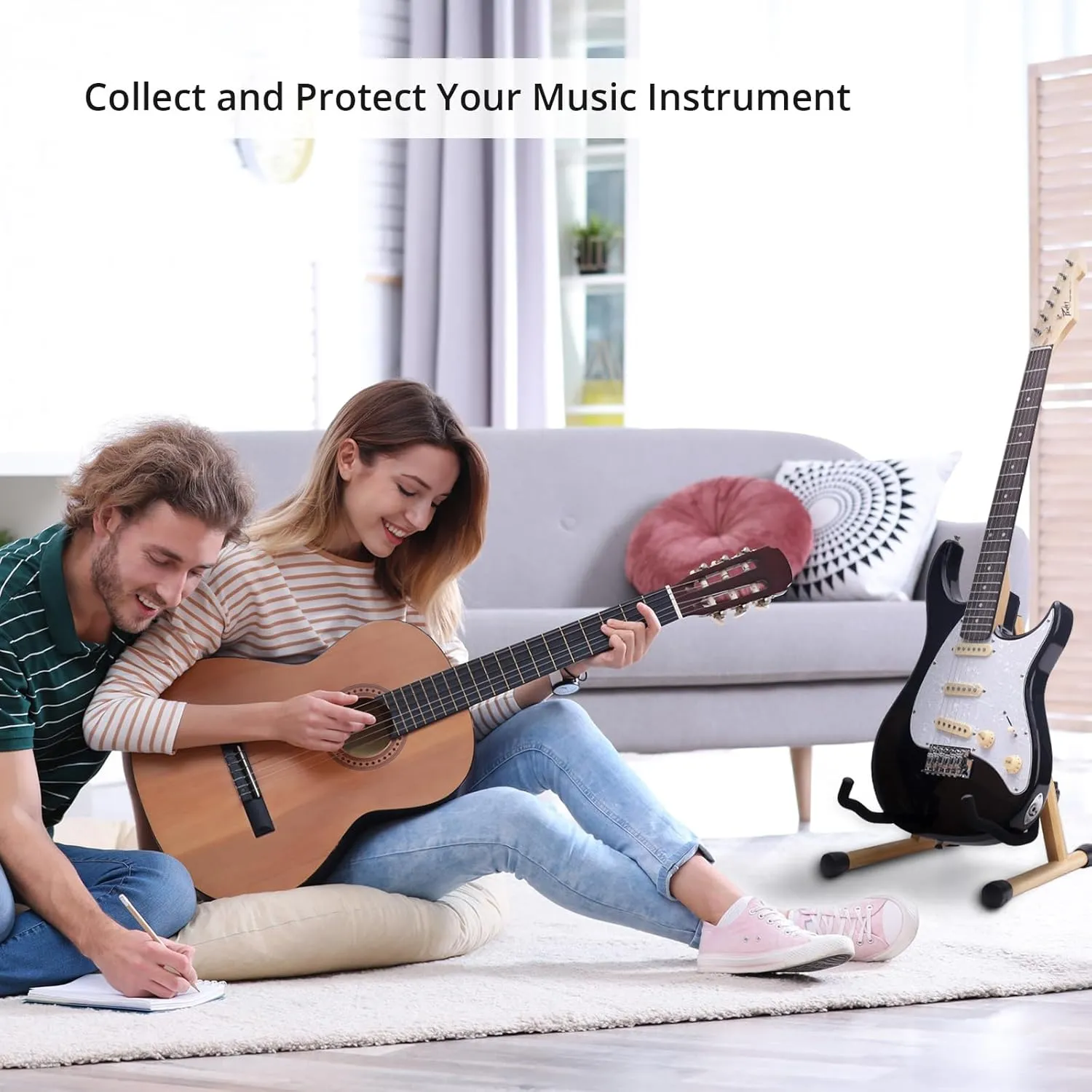 MUSO Guitar Stand,Acoustic Guitar Stand,Wood Classical Electric Guitar Stand,Foldable Bass Guitar Stand,Guitar Accessories also fit Bass,Violin,Ukulele(Bamboo)