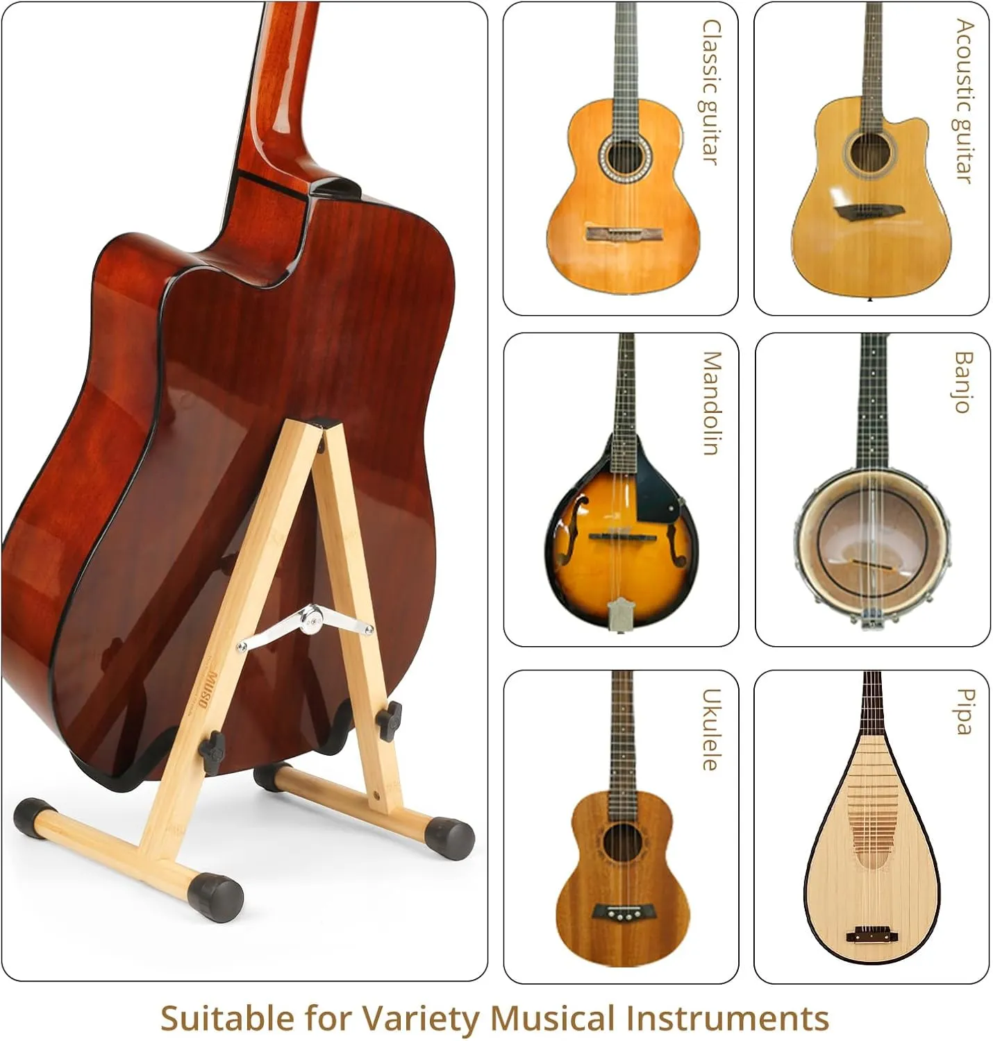MUSO Guitar Stand,Acoustic Guitar Stand,Wood Classical Electric Guitar Stand,Foldable Bass Guitar Stand,Guitar Accessories also fit Bass,Violin,Ukulele(Bamboo)