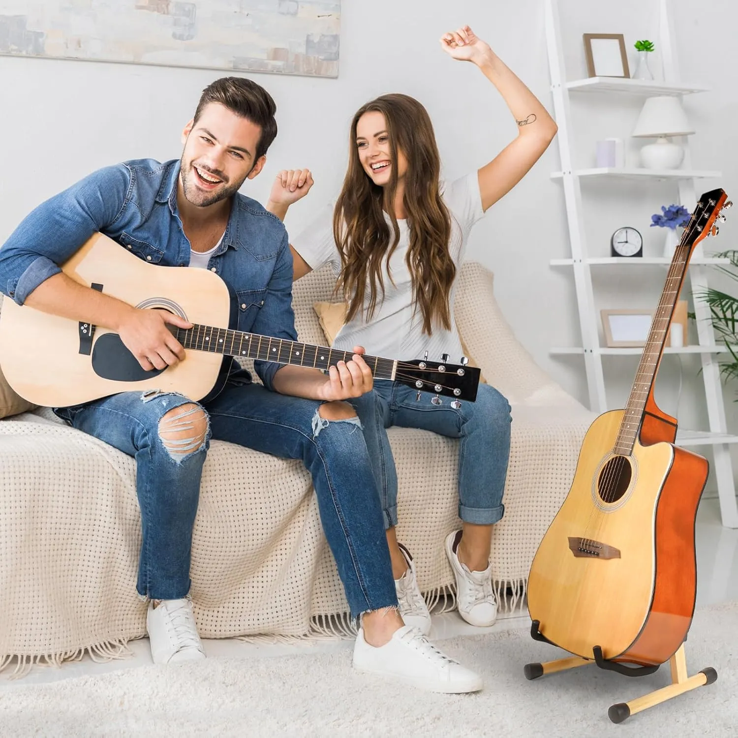MUSO Guitar Stand,Acoustic Guitar Stand,Wood Classical Electric Guitar Stand,Foldable Bass Guitar Stand,Guitar Accessories also fit Bass,Violin,Ukulele(Bamboo)