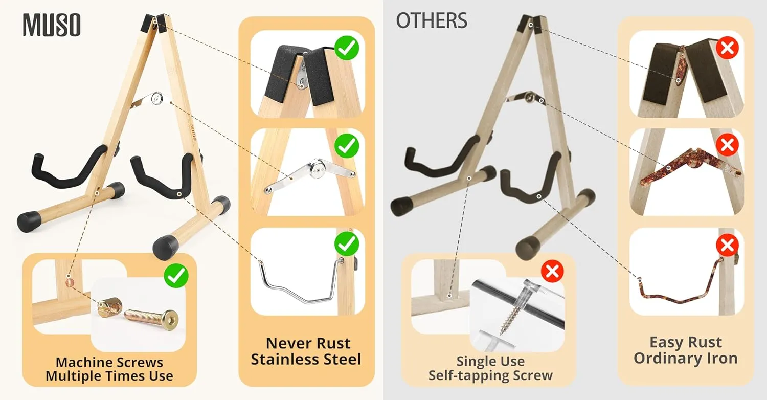 MUSO Guitar Stand,Acoustic Guitar Stand,Wood Classical Electric Guitar Stand,Foldable Bass Guitar Stand,Guitar Accessories also fit Bass,Violin,Ukulele(Bamboo)