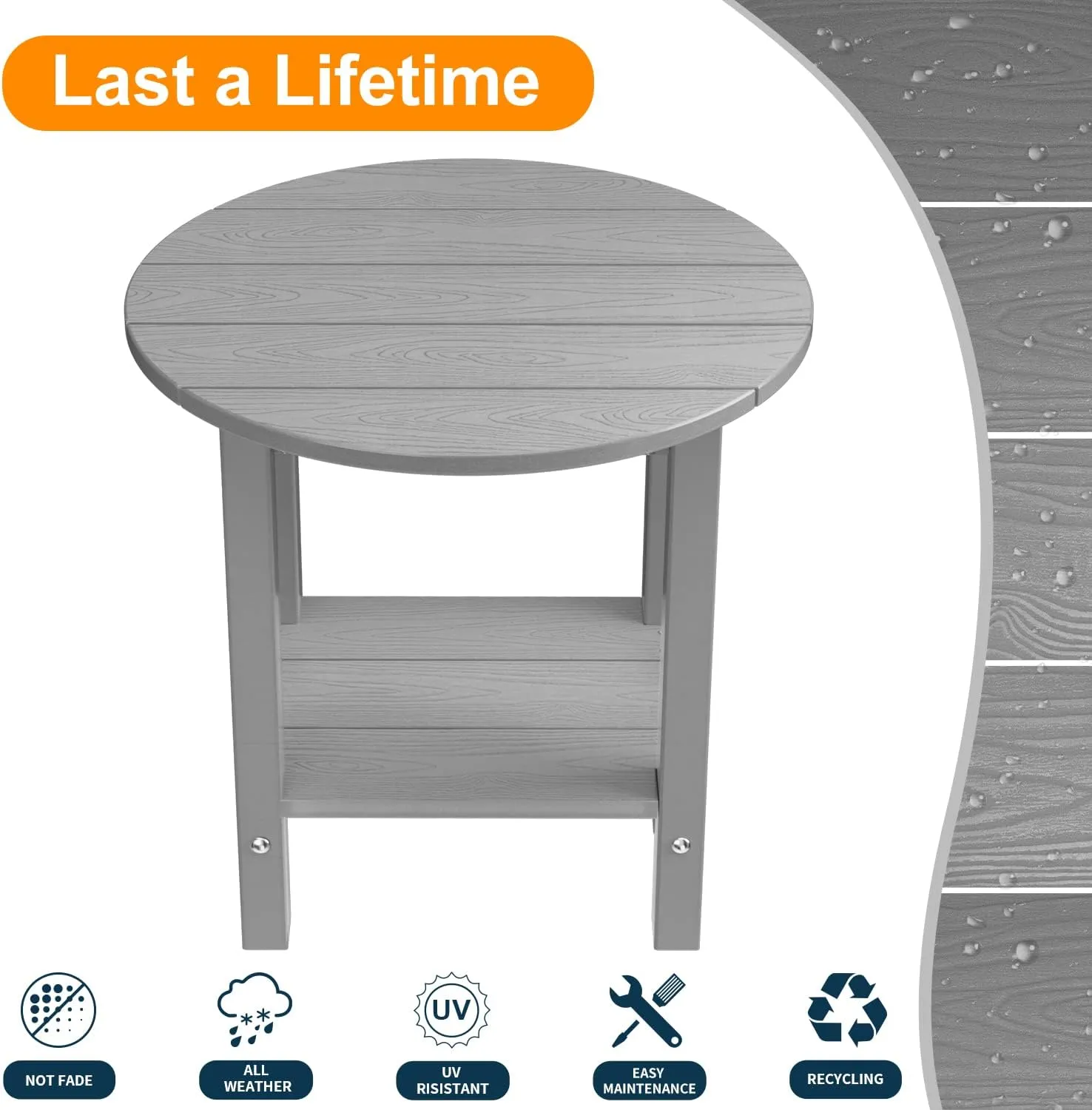 MXIMU Round Outdoor Side Table Adirondack Tables 18 Inch Chairside End Tables with Storage Shelf, 2-Tier Plastic Patio Side Table for Balcony Backyard Lawn (Grey, 1 Pack)
