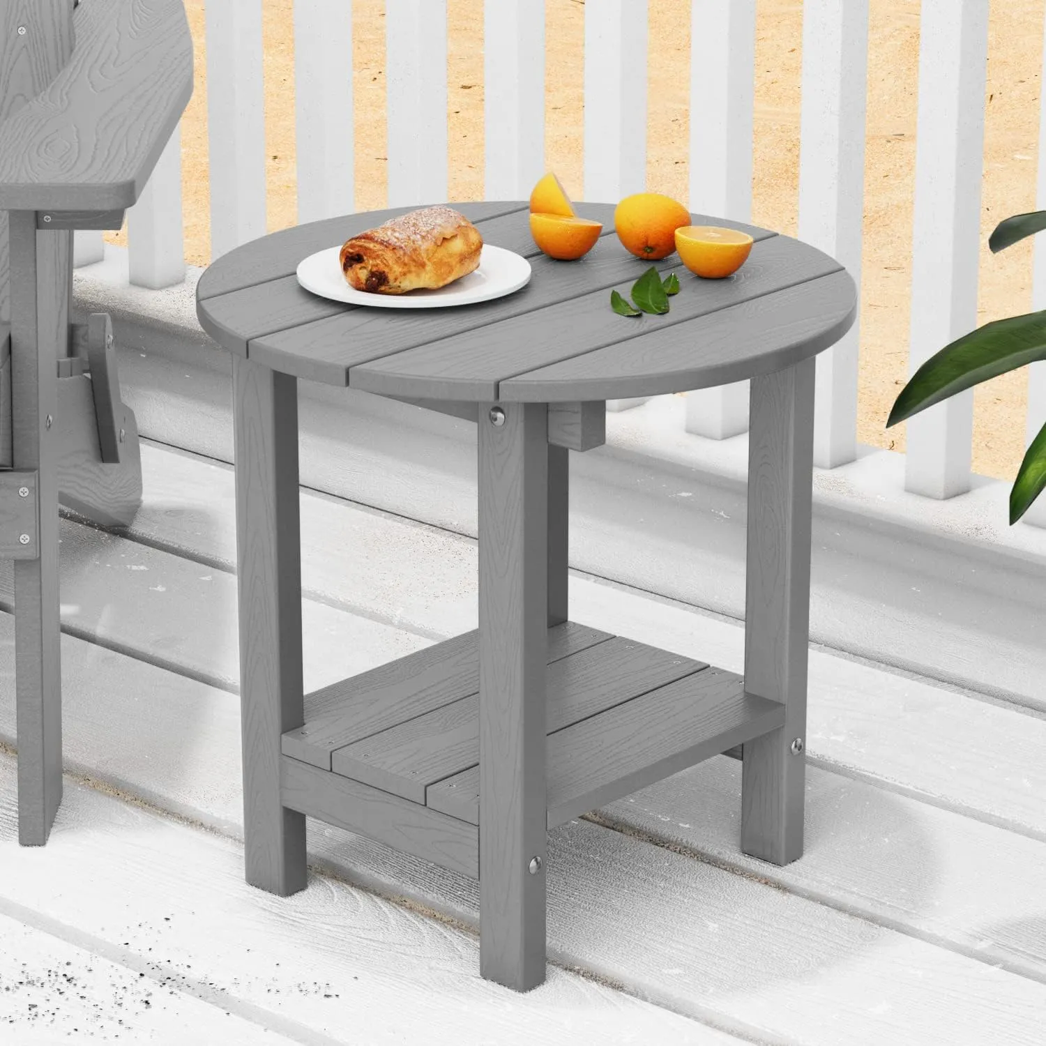 MXIMU Round Outdoor Side Table Adirondack Tables 18 Inch Chairside End Tables with Storage Shelf, 2-Tier Plastic Patio Side Table for Balcony Backyard Lawn (Grey, 1 Pack)