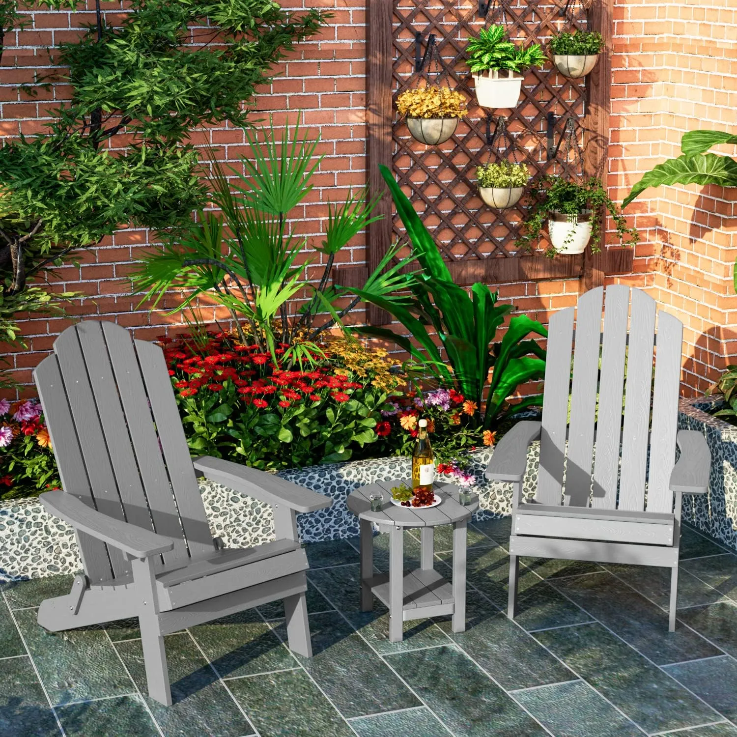 MXIMU Round Outdoor Side Table Adirondack Tables 18 Inch Chairside End Tables with Storage Shelf, 2-Tier Plastic Patio Side Table for Balcony Backyard Lawn (Grey, 1 Pack)