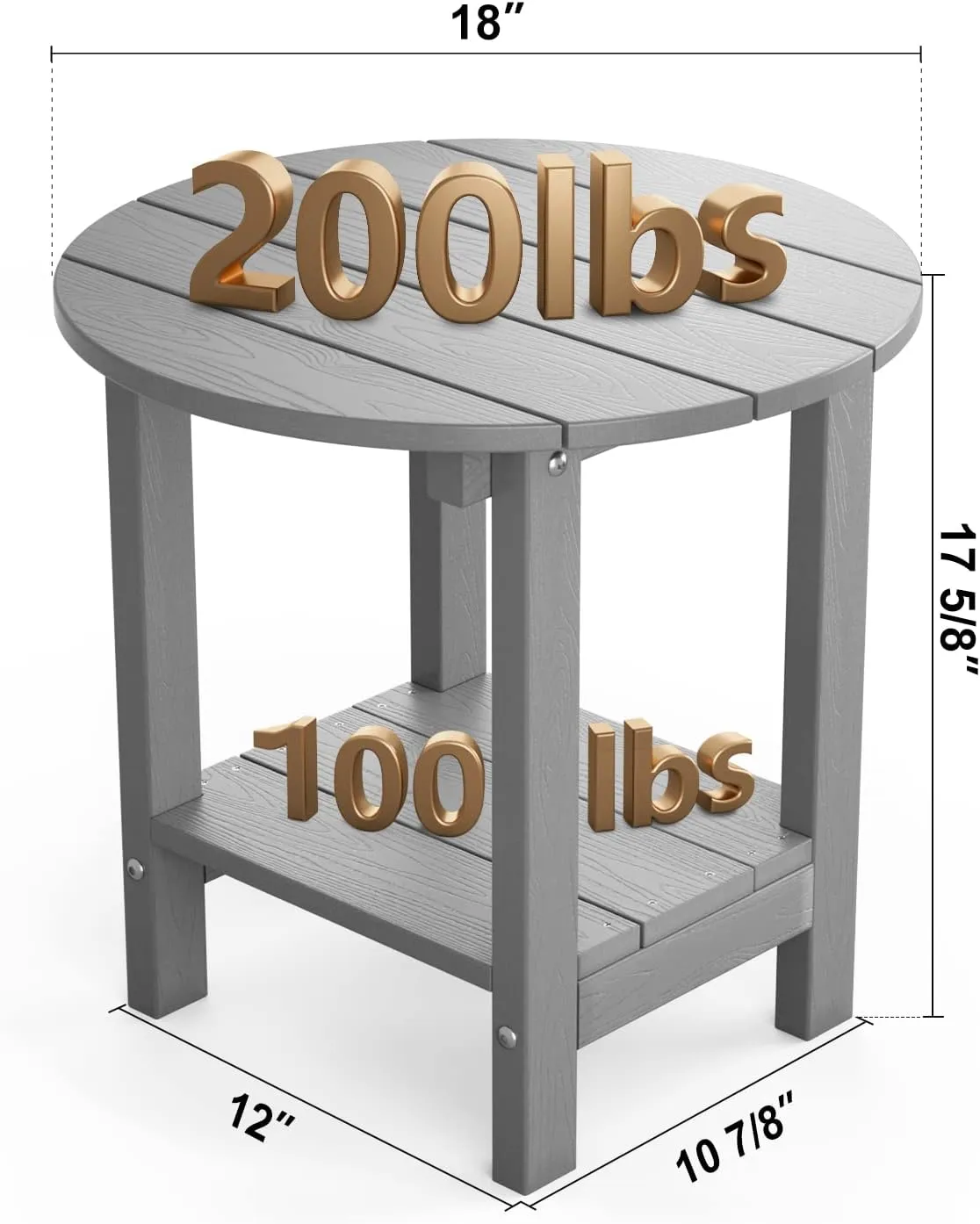 MXIMU Round Outdoor Side Table Adirondack Tables 18 Inch Chairside End Tables with Storage Shelf, 2-Tier Plastic Patio Side Table for Balcony Backyard Lawn (Grey, 1 Pack)