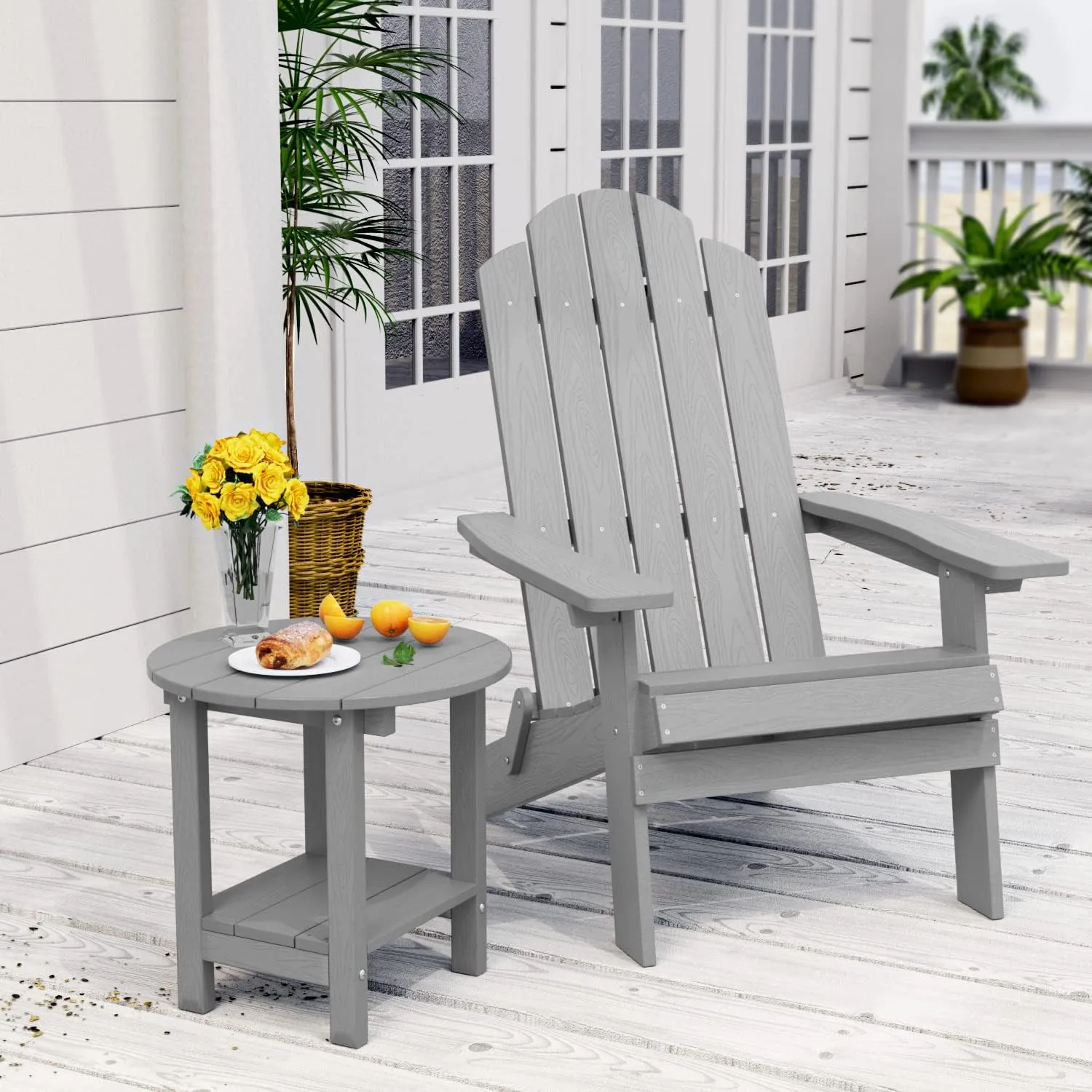 MXIMU Round Outdoor Side Table Adirondack Tables 18 Inch Chairside End Tables with Storage Shelf, 2-Tier Plastic Patio Side Table for Balcony Backyard Lawn (Grey, 1 Pack)