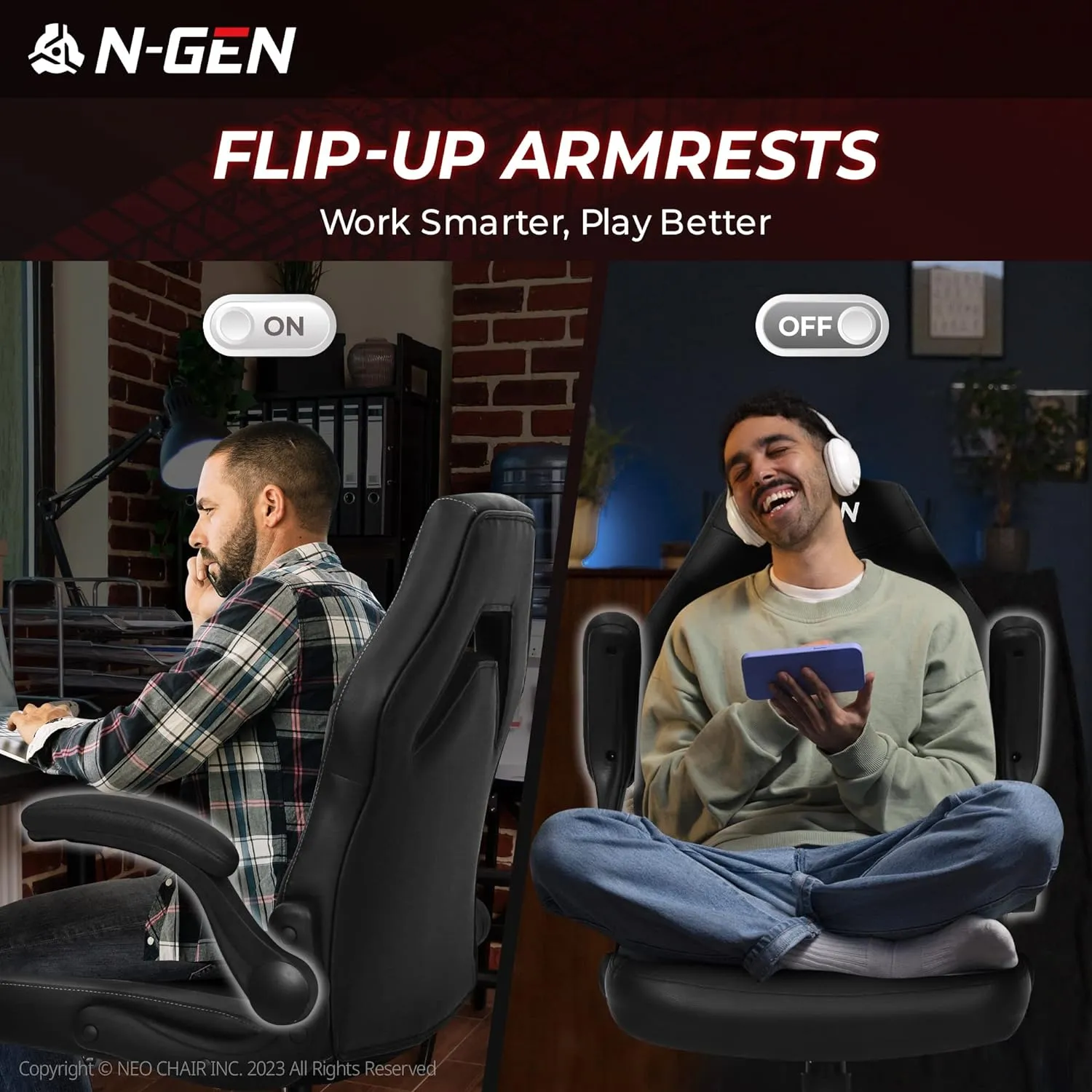 N-GEN Video Gaming Computer Chair Ergonomic Desk Office Chair for Adults with Lumbar Support Flip-Up Arms Adjustable Height Swivel Wheels PU Leather Executive Design for Home and Office (Black)