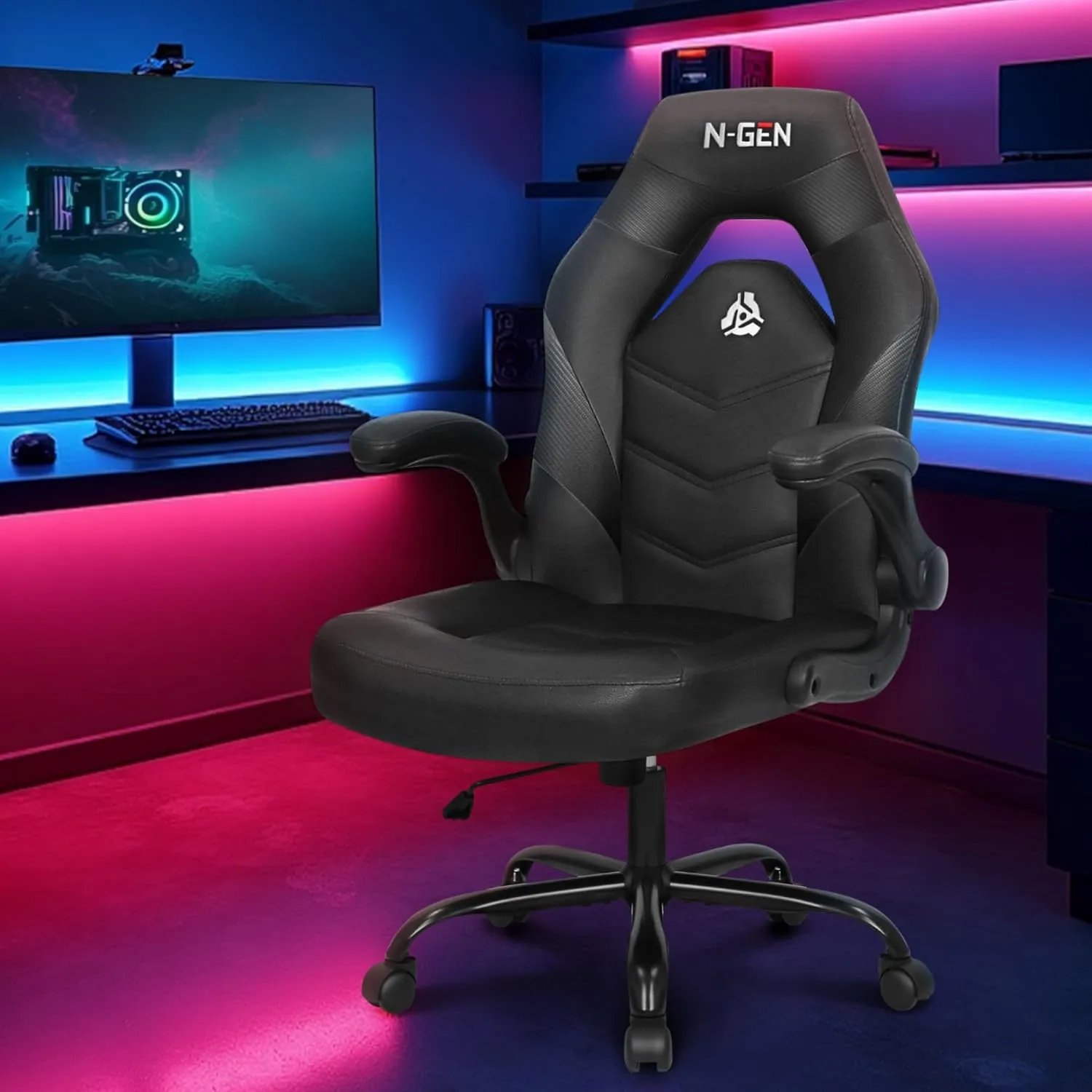 N-GEN Video Gaming Computer Chair Ergonomic Desk Office Chair for Adults with Lumbar Support Flip-Up Arms Adjustable Height Swivel Wheels PU Leather Executive Design for Home and Office (Black)