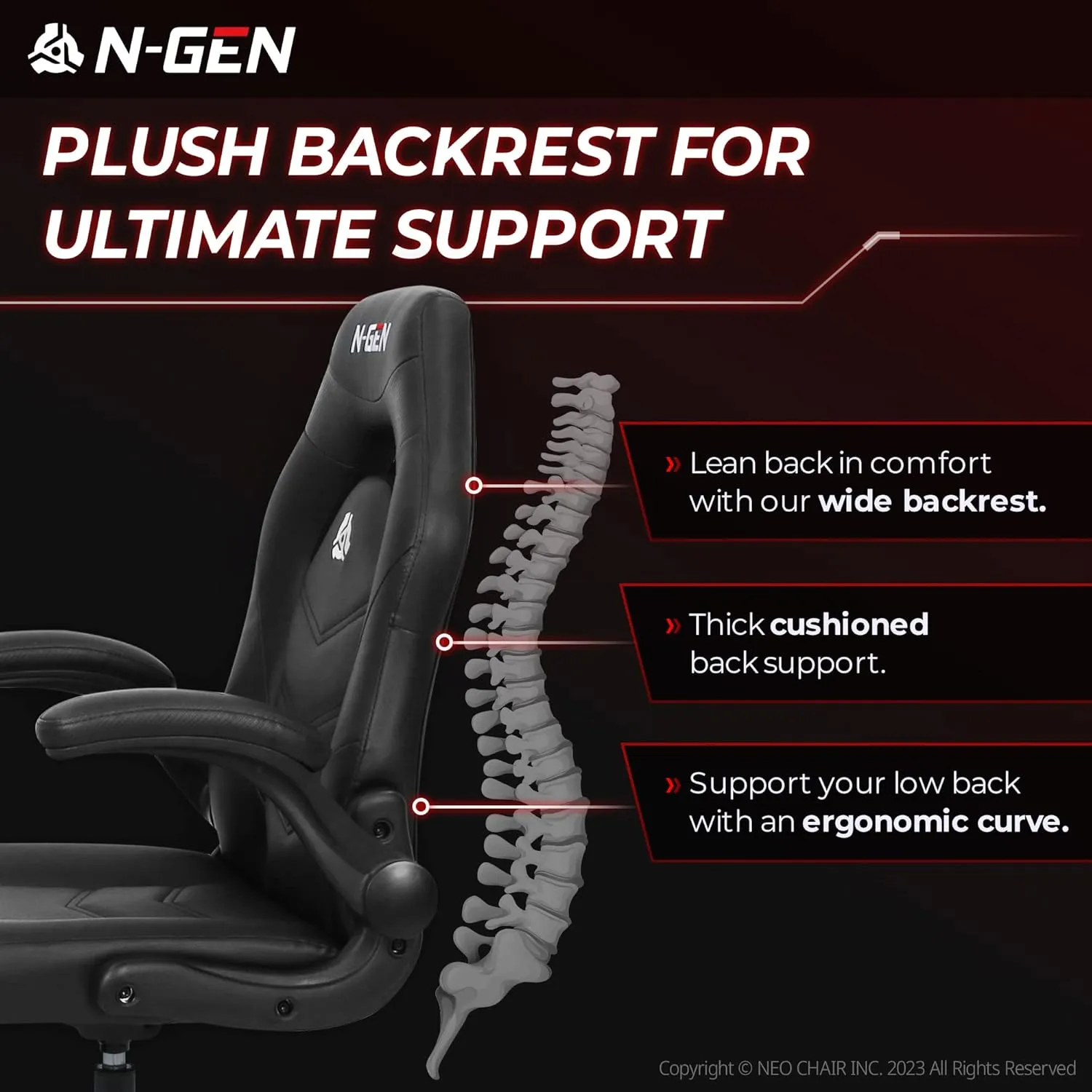 N-GEN Video Gaming Computer Chair Ergonomic Desk Office Chair for Adults with Lumbar Support Flip-Up Arms Adjustable Height Swivel Wheels PU Leather Executive Design for Home and Office (Black)