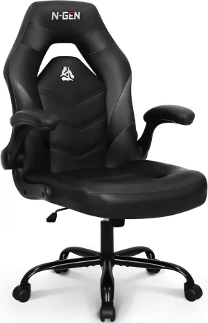 N-GEN Video Gaming Computer Chair Ergonomic Desk Office Chair for Adults with Lumbar Support Flip-Up Arms Adjustable Height Swivel Wheels PU Leather Executive Design for Home and Office (Black)