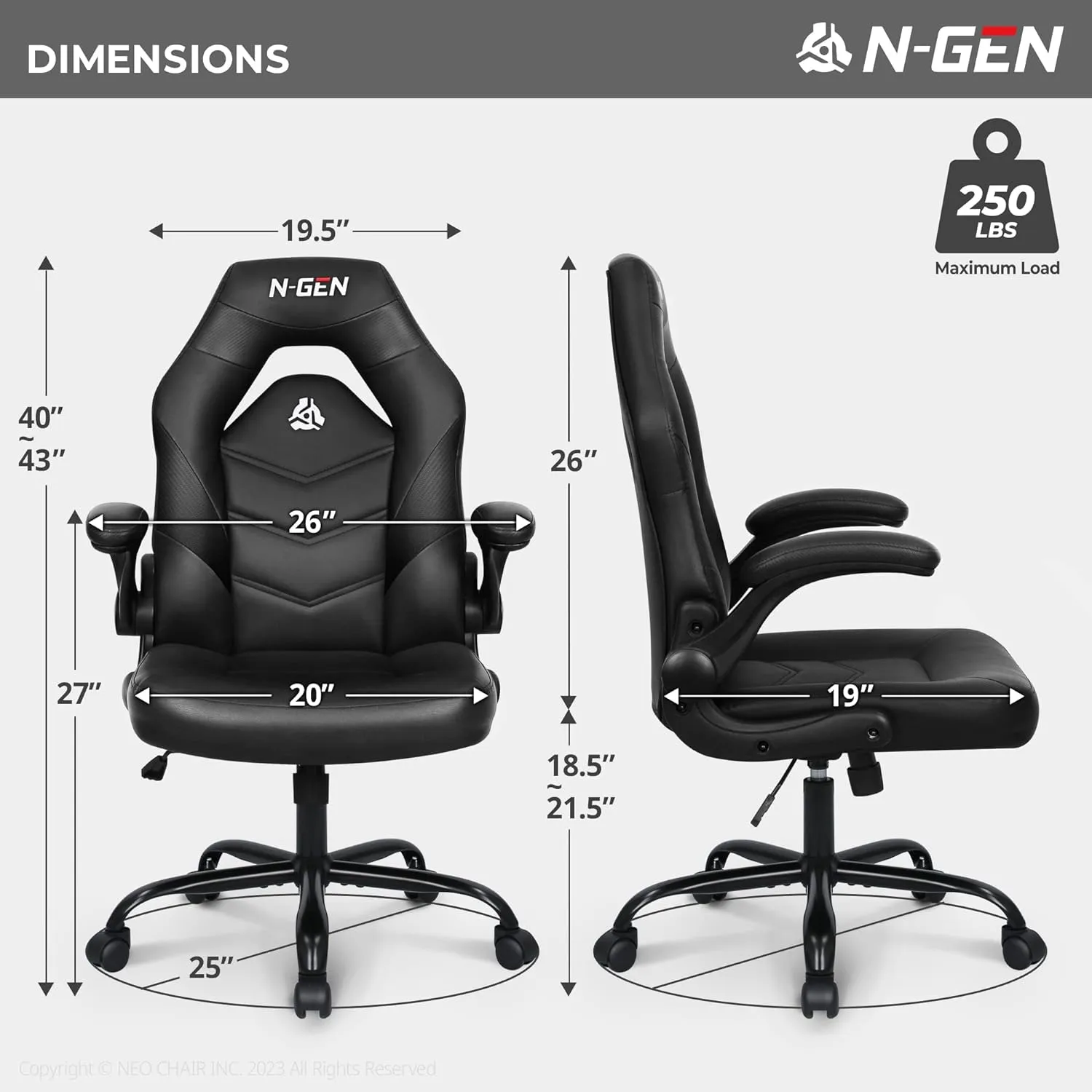 N-GEN Video Gaming Computer Chair Ergonomic Desk Office Chair for Adults with Lumbar Support Flip-Up Arms Adjustable Height Swivel Wheels PU Leather Executive Design for Home and Office (Black)