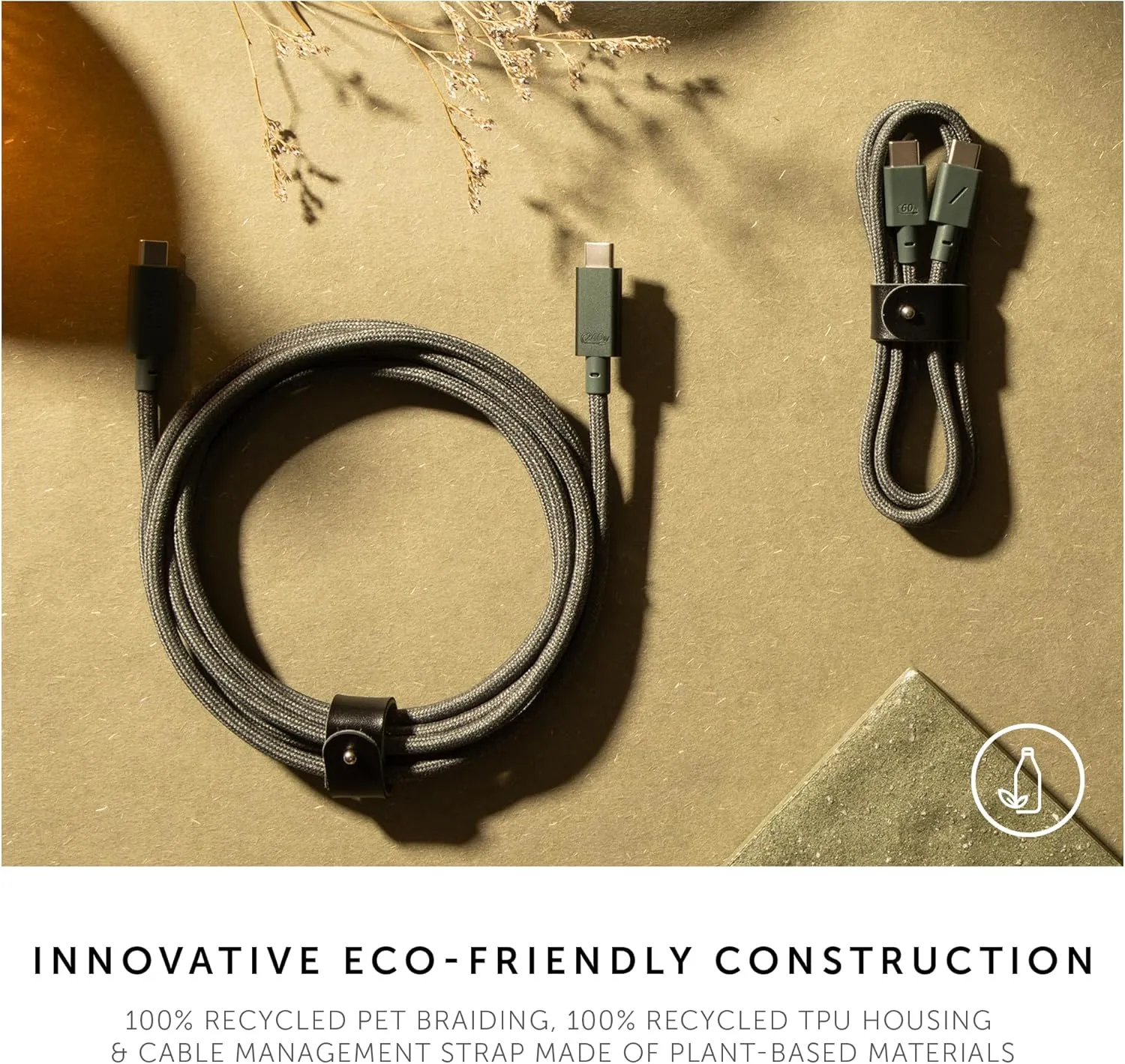 Native Union Type-C Belt Cable Pro - 240W USB-C to USB-C 8ft Ultra-Strong Charging Cable with Leather Strap Compatible with iPhone 16, 16 Pro Max, MacBook Pro 14"/16" M2, Air 15" M2 (Slate Green)