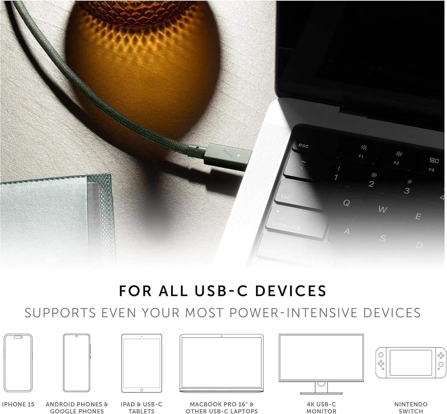 Native Union Type-C Belt Cable Pro - 240W USB-C to USB-C 8ft Ultra-Strong Charging Cable with Leather Strap Compatible with iPhone 16, 16 Pro Max, MacBook Pro 14"/16" M2, Air 15" M2 (Slate Green)