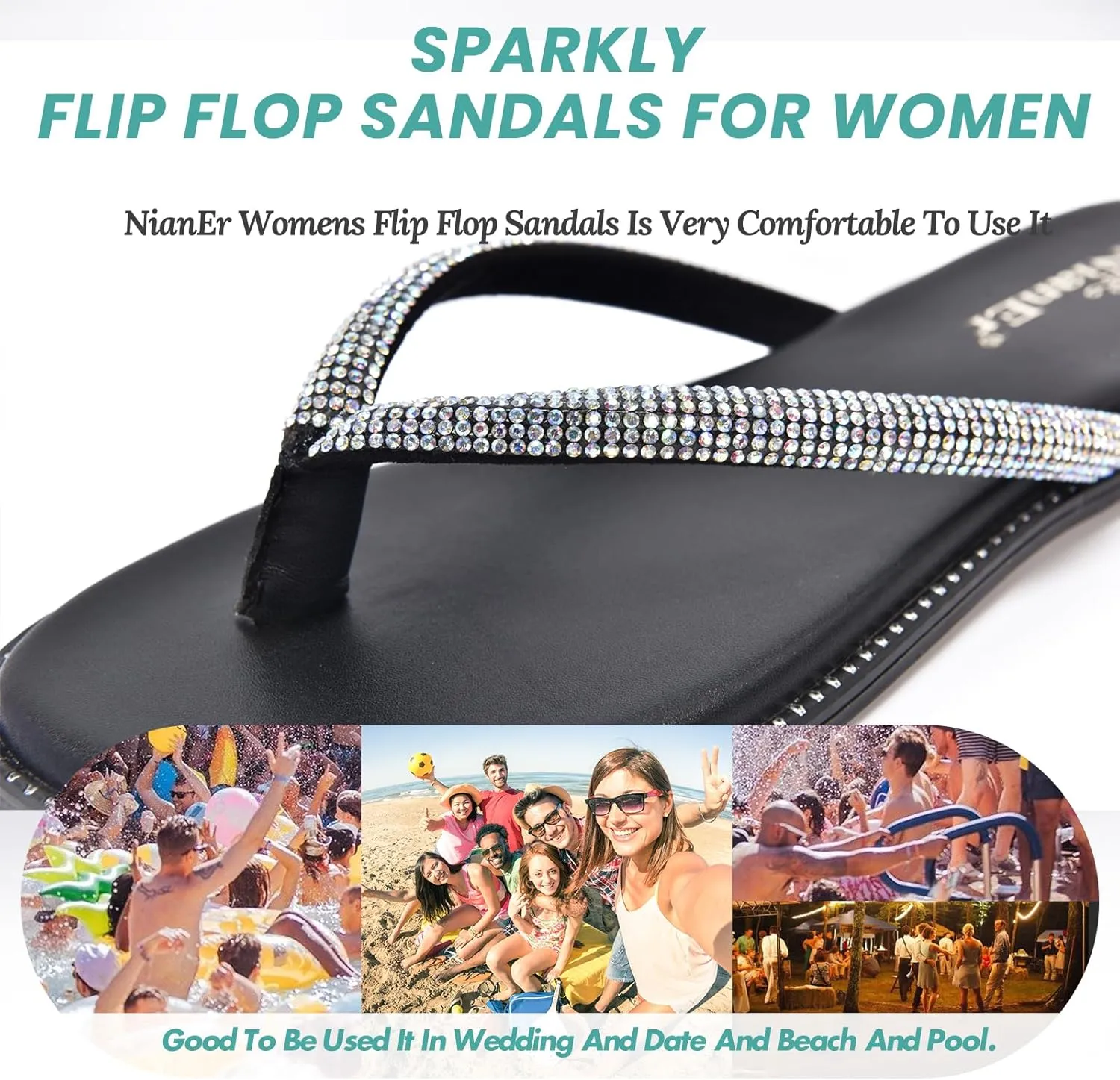 NianEr Womens Microfiber Leather Comfort Foam Rhinestone Glitter Sparkly Dress Flip Flop Sandals Summer Cute Flat Slides
